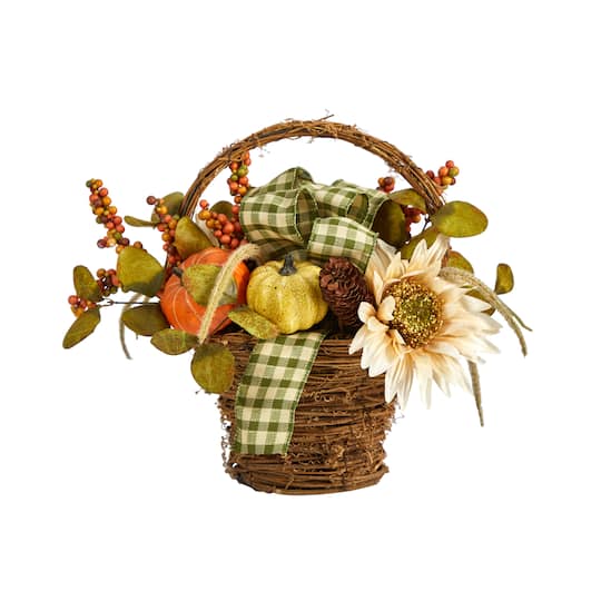 16&#x22; Pumpkin, Gourds &#x26; Berries Autumn Arrangement In Twig Basket